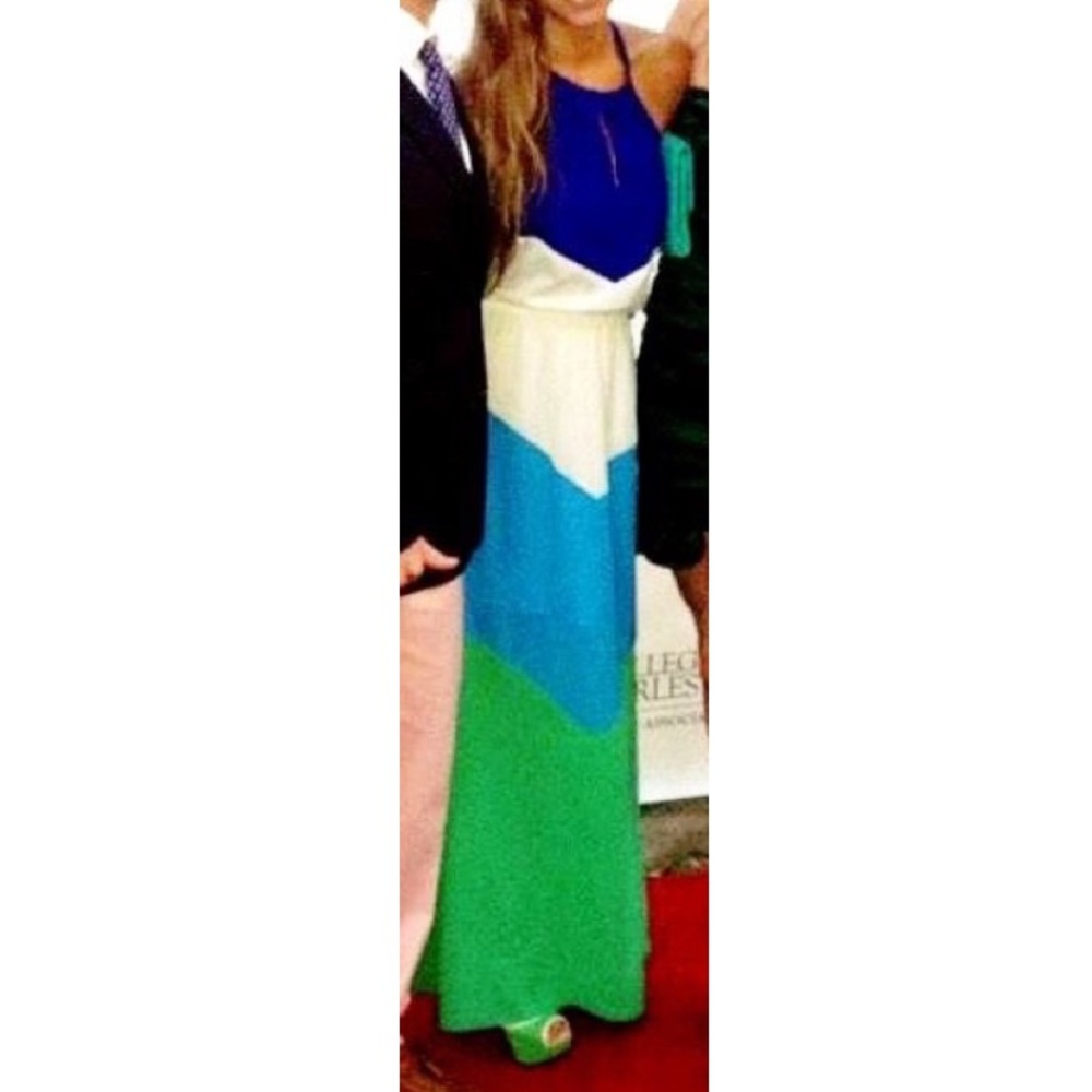 Marine Blu Color Block Open Back Halter Maxi - image 2